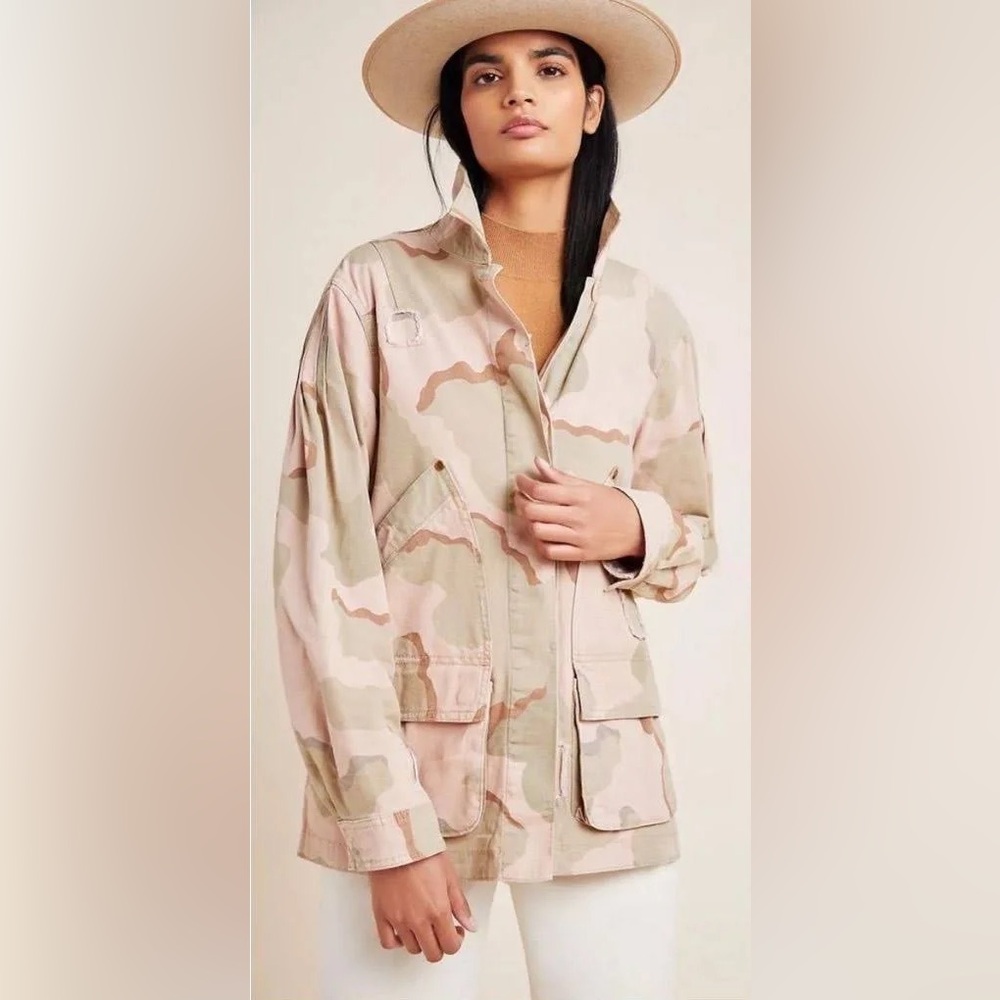 Anthropologie Lida Utility Jacket‎ Distressing Detail Pink Camo